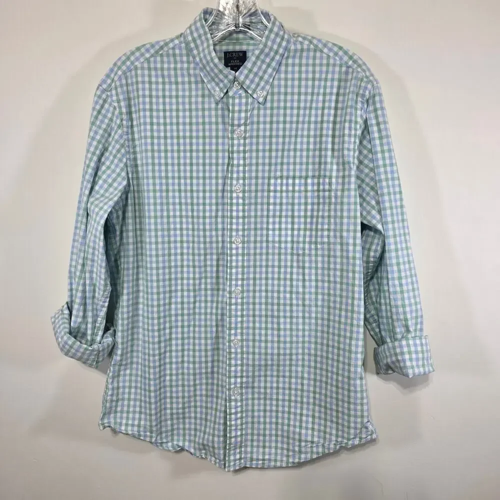 J. Crew Mens Slim Untucked Flex Washed Green Blue Gingham Button Up Shirt Medium